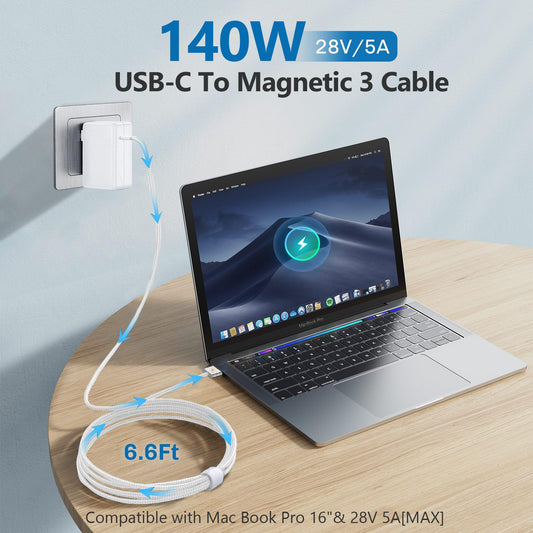 140W Charger for MacBook Pro - Compatible with Pro(16 inch 2021-2023)&(14 inch 2023), Air (13-15 inch 2021-2024), Include a USB C to T -Tip 3 Magnetic Braided Cable(6.6FT/2M)