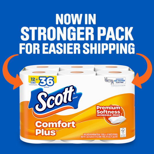 Scott ComfortPlus Toilet Paper, Durable Shipping Pack, 12 Triple Rolls, 231 Sheets per Roll, 1-Ply Toilet Tissue