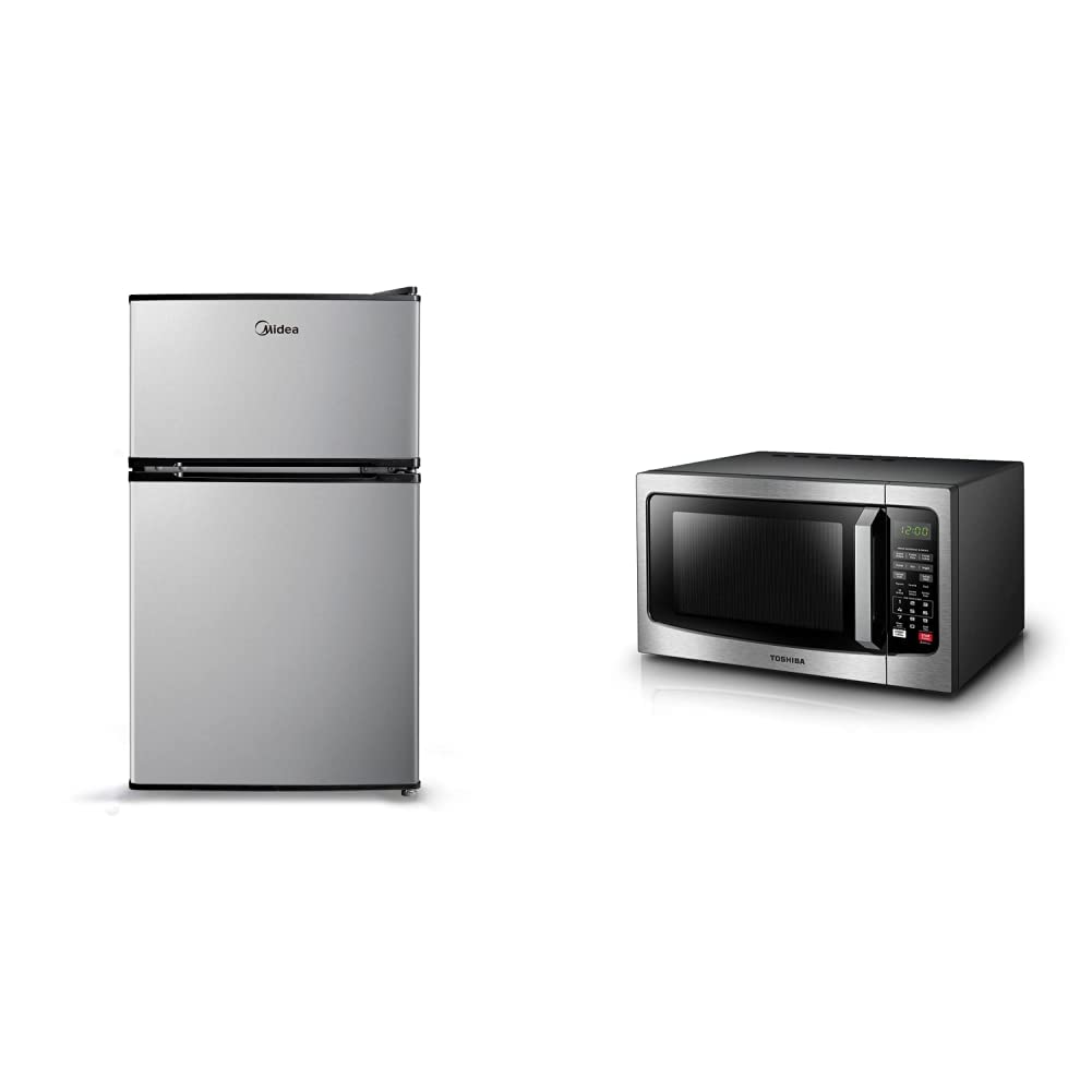 Midea WHD-113FSS1 Compact Refrigerator, 3.1 cu ft, Stainless Steel & TOSHIBA EM131A5C-SS Countertop Microwave Oven, 1.2 Cu Ft with 12.4" Turntable, Smart Humidity Sensor with 12 Auto Menus