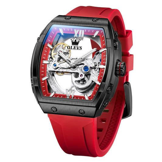 OLEVS Watch for Men Skeleton Automatic Tonneau Silicone Strap Business Luxury Waterproof Luminous Mechanical Men Wrist Watch