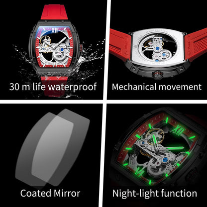 OLEVS Watch for Men Skeleton Automatic Tonneau Silicone Strap Business Luxury Waterproof Luminous Mechanical Men Wrist Watch