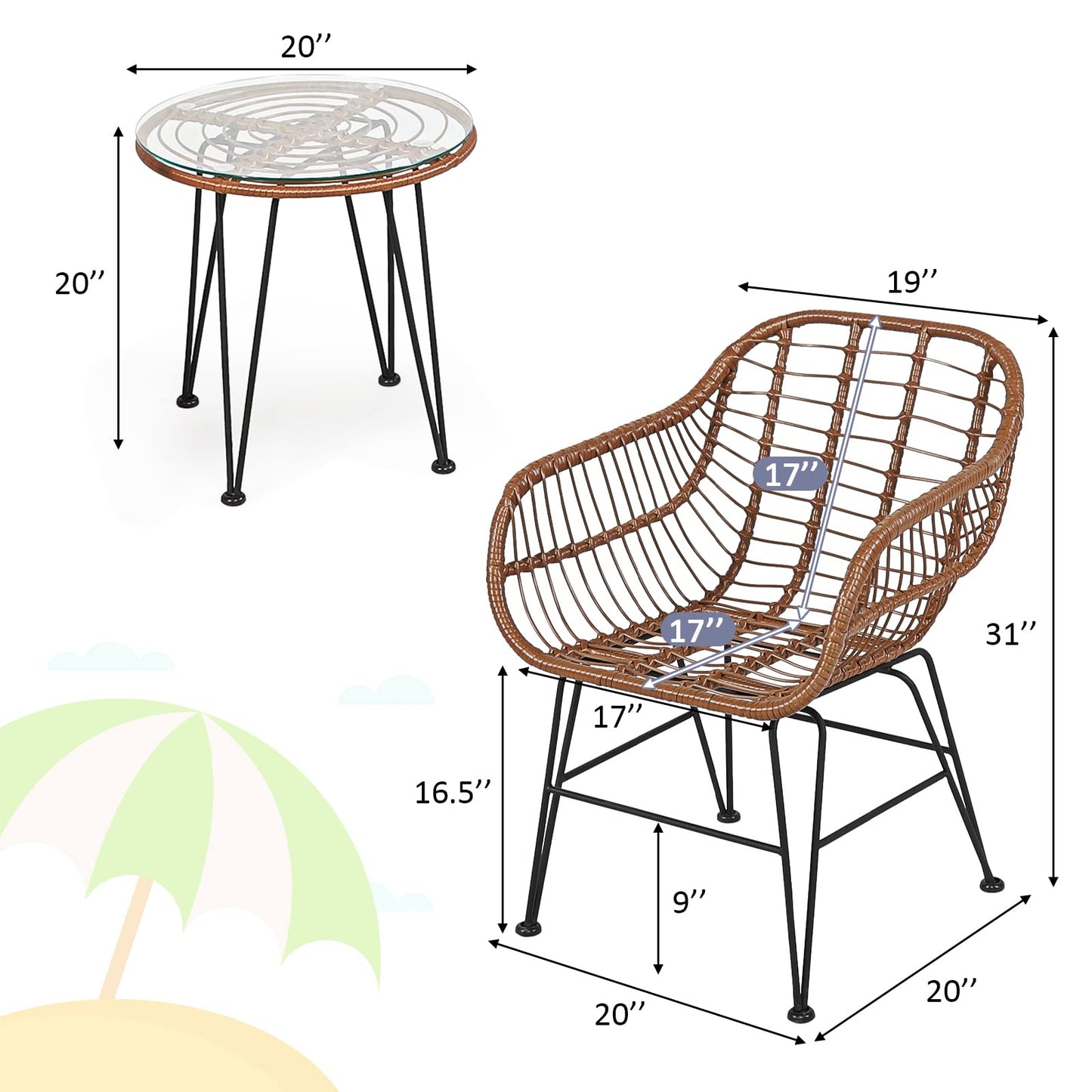 Tangkula 3 Pieces Patio Conversation Bistro Set, Outdoor Wicker Furniture w/Round Tempered Glass Top Table & 2 Rattan Armchairs, Bistro Chat Set w/Seat Cushions for Porch, Backyard, Garden