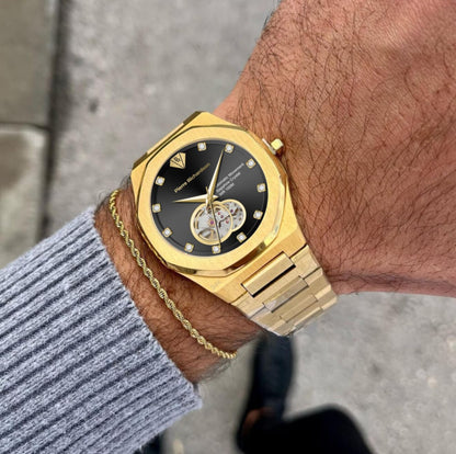 PIERRE RICHARDSON PR5922 Men’s Watch, Black Dial, 24K Pure Gold Plated, Automatic, Sapphire Glass, 41mm, 10ATM