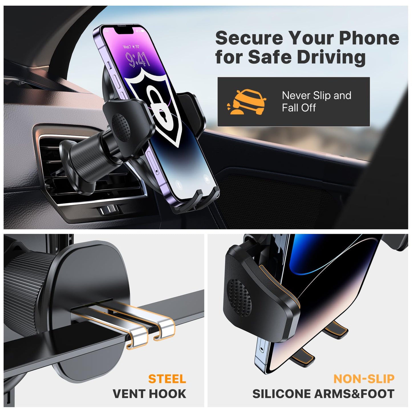 Miracase Phone Holders for Your Car with Metal Hook Clip, Air Vent Cell Phone Stand Car Mount, Universal Automobile Cradle for Garmin GPS Fit iPhone Android and All Smartphones, Dark Black