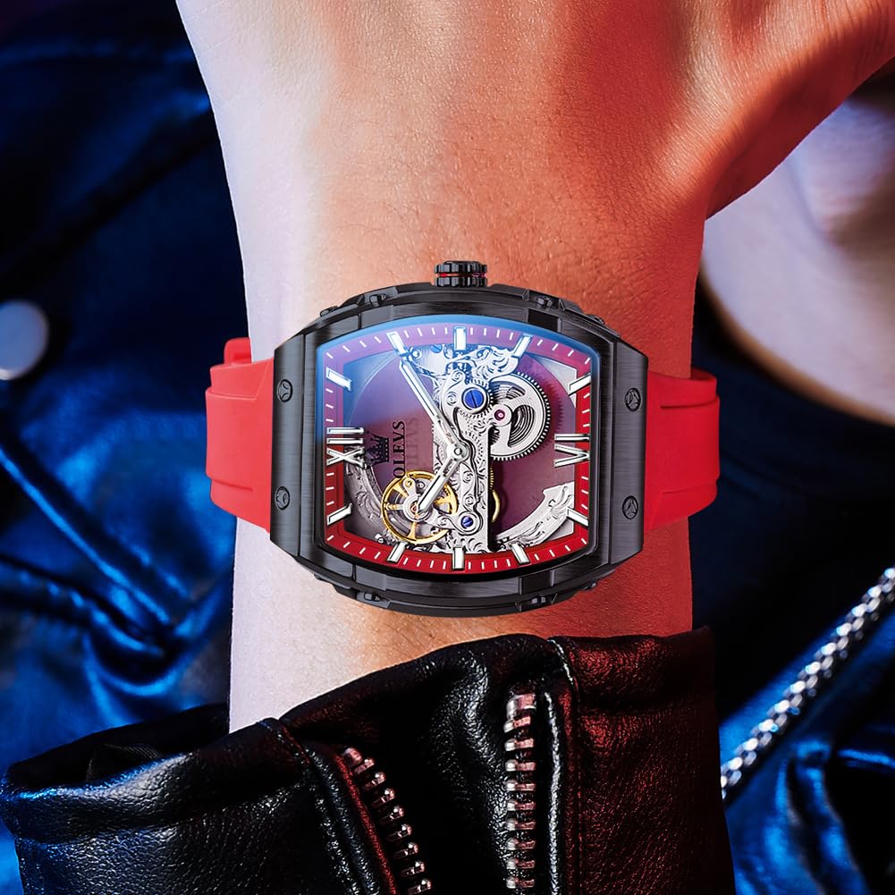 OLEVS Watch for Men Skeleton Automatic Tonneau Silicone Strap Business Luxury Waterproof Luminous Mechanical Men Wrist Watch