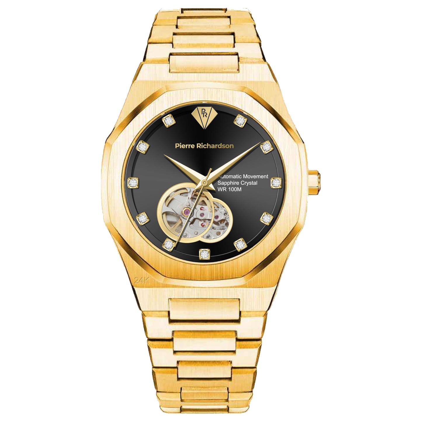 PIERRE RICHARDSON PR5922 Men’s Watch, Black Dial, 24K Pure Gold Plated, Automatic, Sapphire Glass, 41mm, 10ATM