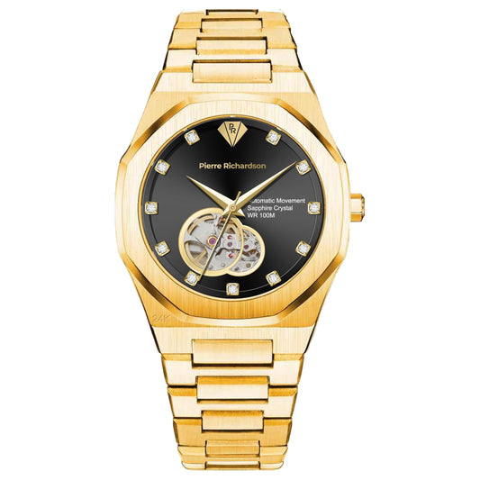 PIERRE RICHARDSON PR5922 Men’s Watch, Black Dial, 24K Pure Gold Plated, Automatic, Sapphire Glass, 41mm, 10ATM