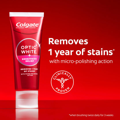 Colgate Optic White Sensitivity Relief Teeth Whitening Toothpaste, 3 Pack, Anticavity Toothpaste for Sensitive Teeth, Fluoride, Enamel Safe, Soothing Mint Flavor, 3.8 OZ
