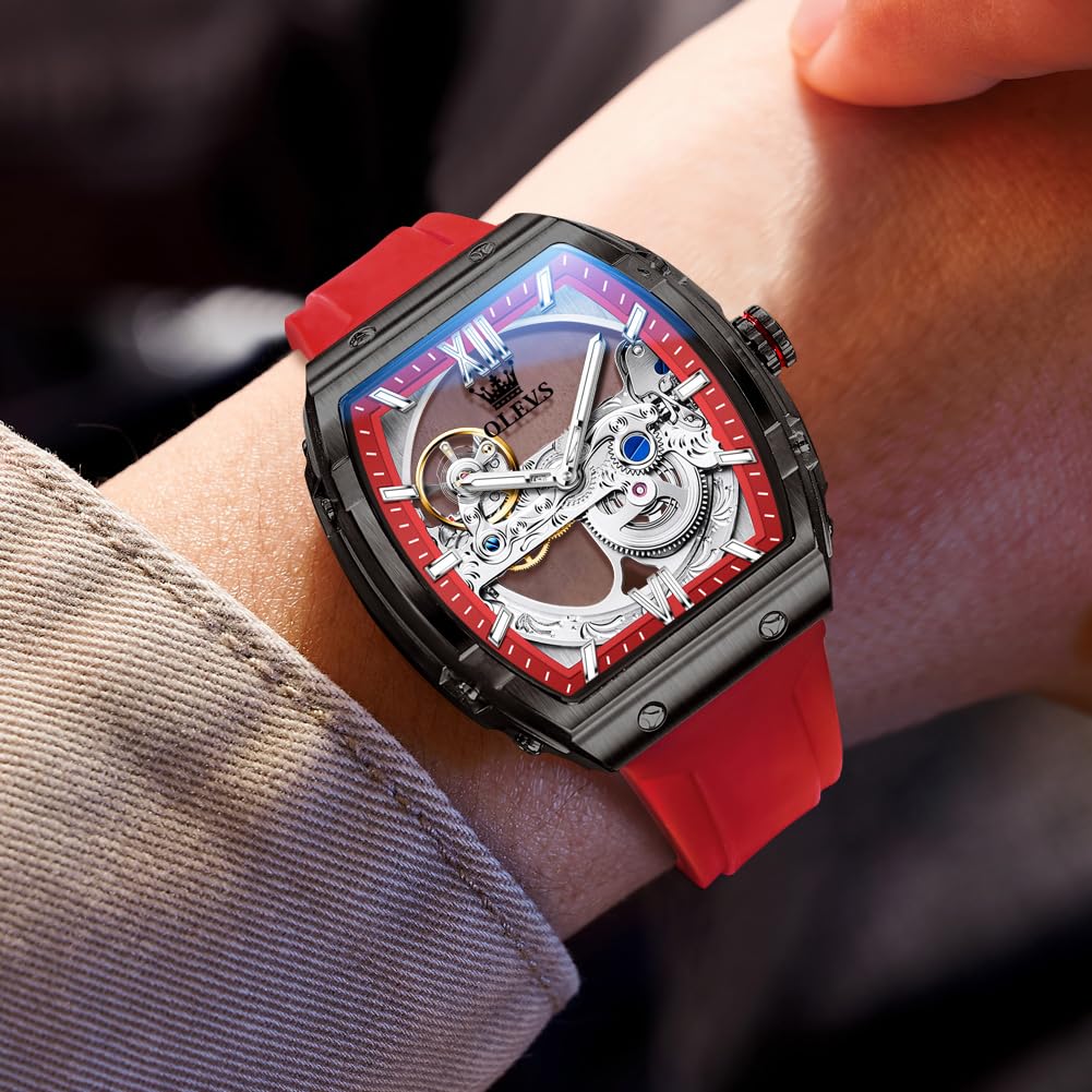 OLEVS Watch for Men Skeleton Automatic Tonneau Silicone Strap Business Luxury Waterproof Luminous Mechanical Men Wrist Watch
