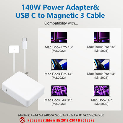 140W Charger for MacBook Pro - Compatible with Pro(16 inch 2021-2023)&(14 inch 2023), Air (13-15 inch 2021-2024), Include a USB C to T -Tip 3 Magnetic Braided Cable(6.6FT/2M)