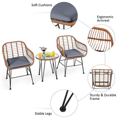 Tangkula 3 Pieces Patio Conversation Bistro Set, Outdoor Wicker Furniture w/Round Tempered Glass Top Table & 2 Rattan Armchairs, Bistro Chat Set w/Seat Cushions for Porch, Backyard, Garden