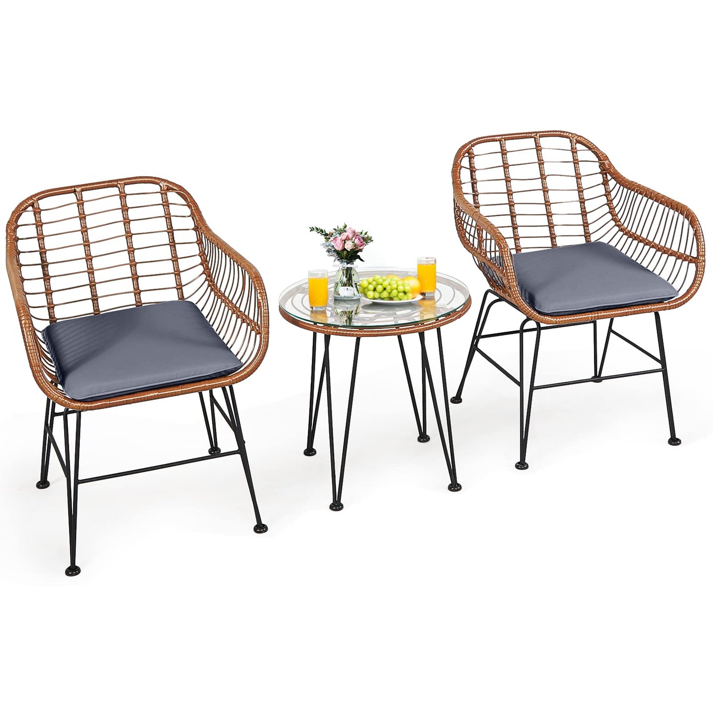Tangkula 3 Pieces Patio Conversation Bistro Set, Outdoor Wicker Furniture w/Round Tempered Glass Top Table & 2 Rattan Armchairs, Bistro Chat Set w/Seat Cushions for Porch, Backyard, Garden