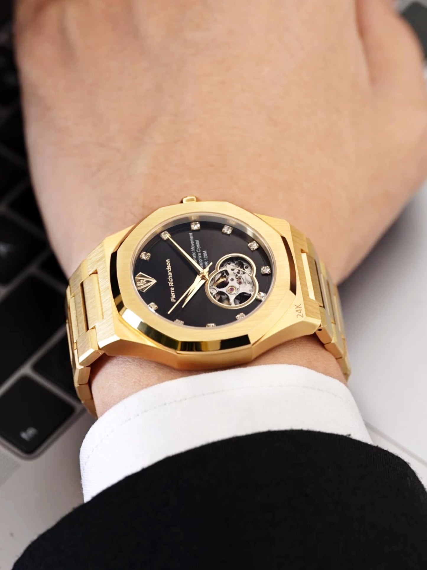 PIERRE RICHARDSON PR5922 Men’s Watch, Black Dial, 24K Pure Gold Plated, Automatic, Sapphire Glass, 41mm, 10ATM