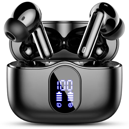 Wireless Earbuds, Bluetooth 5.4 Headphones Bass Stereo, Ear Buds with Noise Cancelling Mic, LED Display in Ear Earphones Clear Calls, IP7 Waterproof Bluetooth Earbuds for Phones/Sports/Laptop, Black