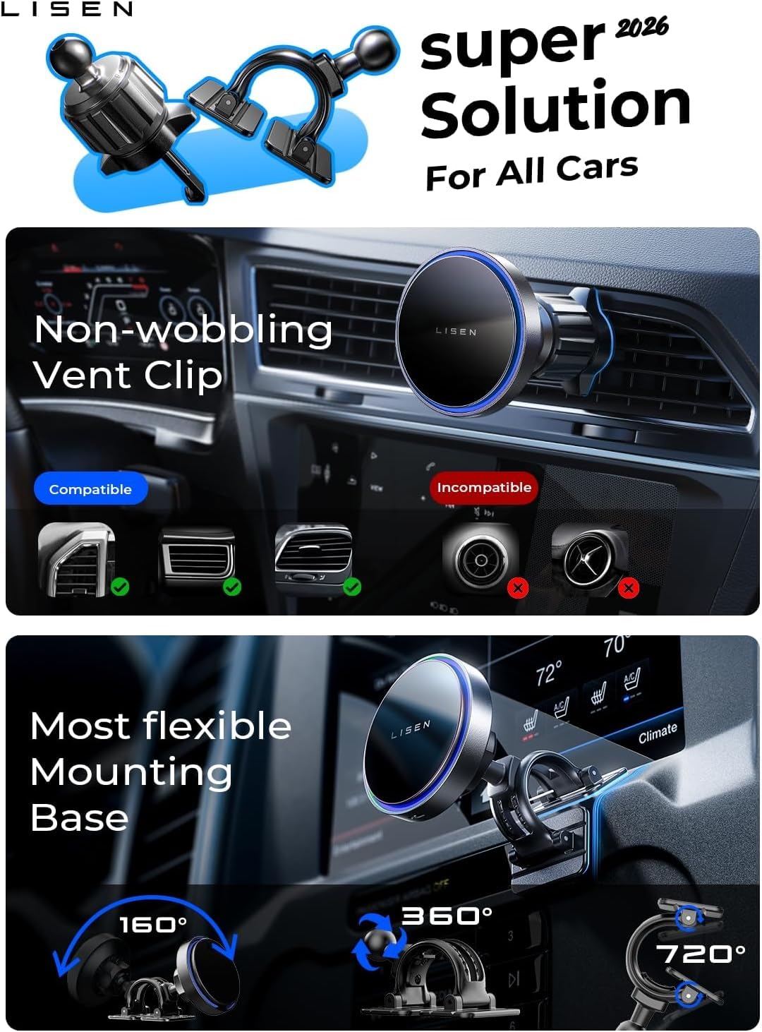 LISEN for 15W MagSafe Car Mount Charger,Magnetic Wireless Car Charger for iPhone 17 Pro Max Accessories,Magnetic Phone Holder for iPhone 17-12,Samsung,Pixel 9,Jeep Ford F150 Accessories,Gifts
