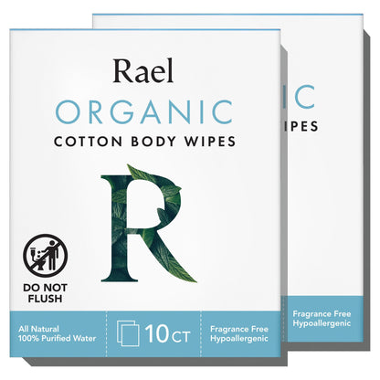 Rael Organic Cotton Wipes - Body Cloth, Individually Wrapped, All Skin Types (10 Count, Pack of 2)