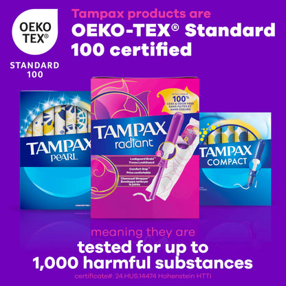 Tampax Radiant Tampons for Women, with LeakGuard Braid, Regular Absorbency, Unscented, 84 Count (3 Packs of 28), Packaging May Vary