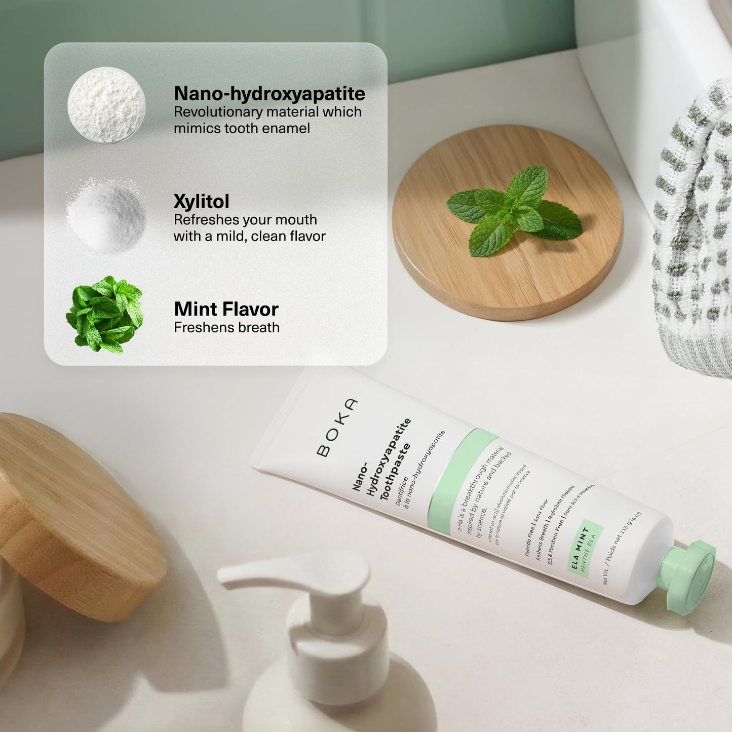 Boka Fluoride Free Toothpaste, Nano Hydroxyapatite Toothpaste, Appropriate for Sensitive Teeth - for Adult Oral Care - Ela Mint Flavor, 4 Fl Oz 1Pk