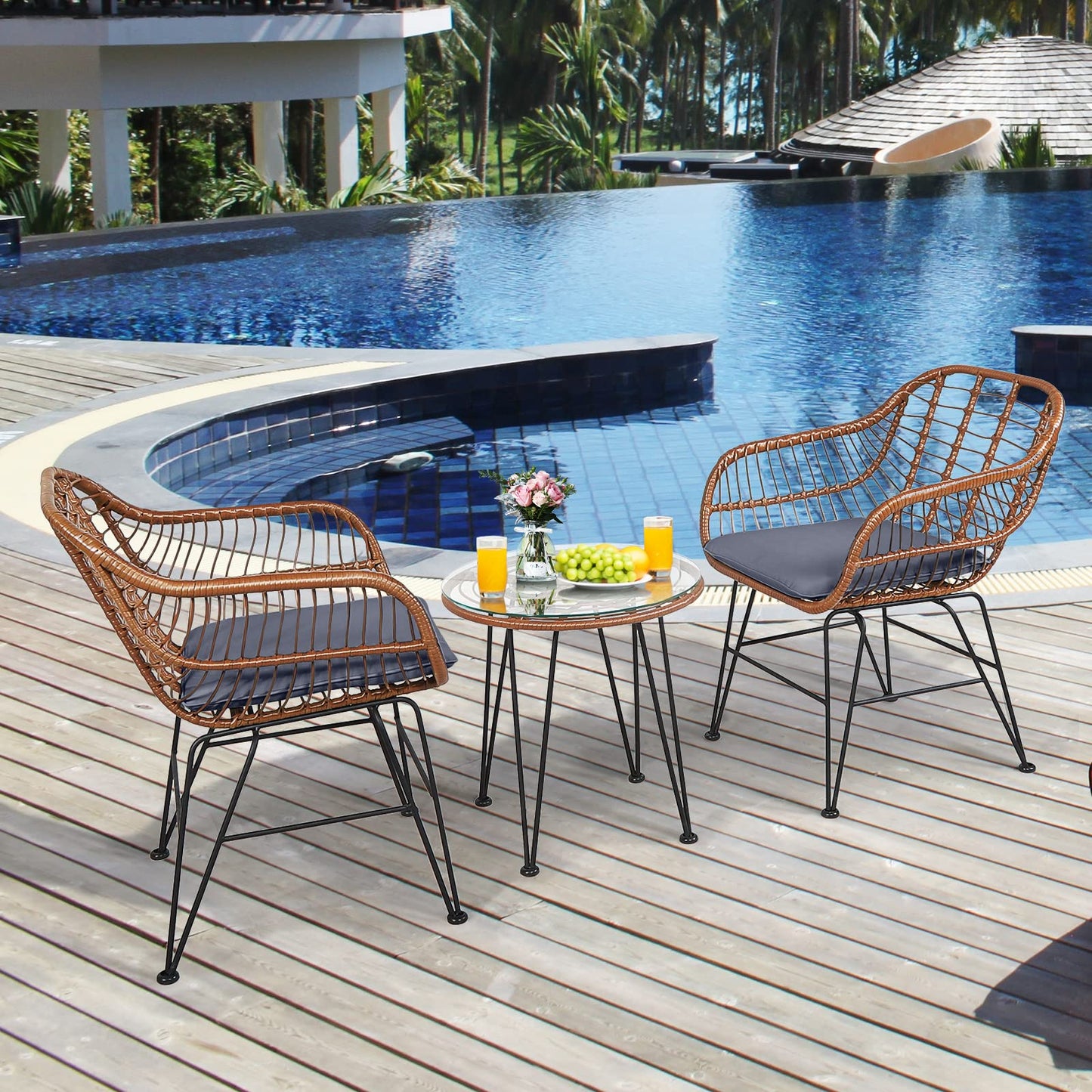 Tangkula 3 Pieces Patio Conversation Bistro Set, Outdoor Wicker Furniture w/Round Tempered Glass Top Table & 2 Rattan Armchairs, Bistro Chat Set w/Seat Cushions for Porch, Backyard, Garden