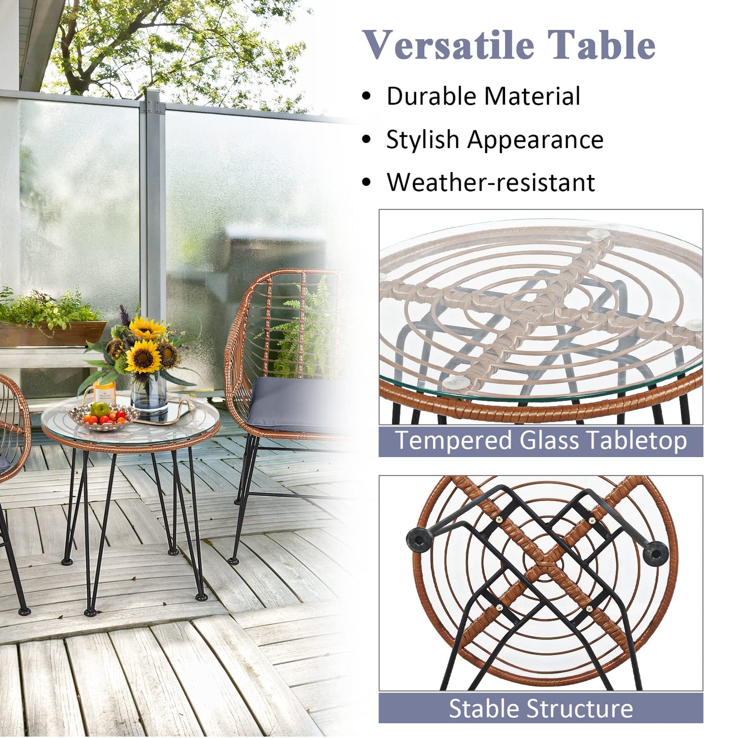 Tangkula 3 Pieces Patio Conversation Bistro Set, Outdoor Wicker Furniture w/Round Tempered Glass Top Table & 2 Rattan Armchairs, Bistro Chat Set w/Seat Cushions for Porch, Backyard, Garden