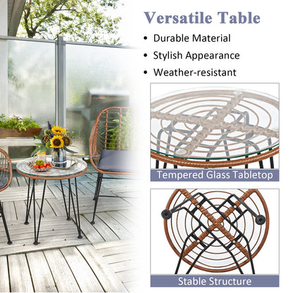 Tangkula 3 Pieces Patio Conversation Bistro Set, Outdoor Wicker Furniture w/Round Tempered Glass Top Table & 2 Rattan Armchairs, Bistro Chat Set w/Seat Cushions for Porch, Backyard, Garden