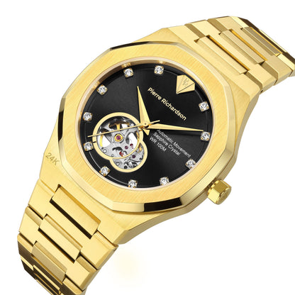 PIERRE RICHARDSON PR5922 Men’s Watch, Black Dial, 24K Pure Gold Plated, Automatic, Sapphire Glass, 41mm, 10ATM