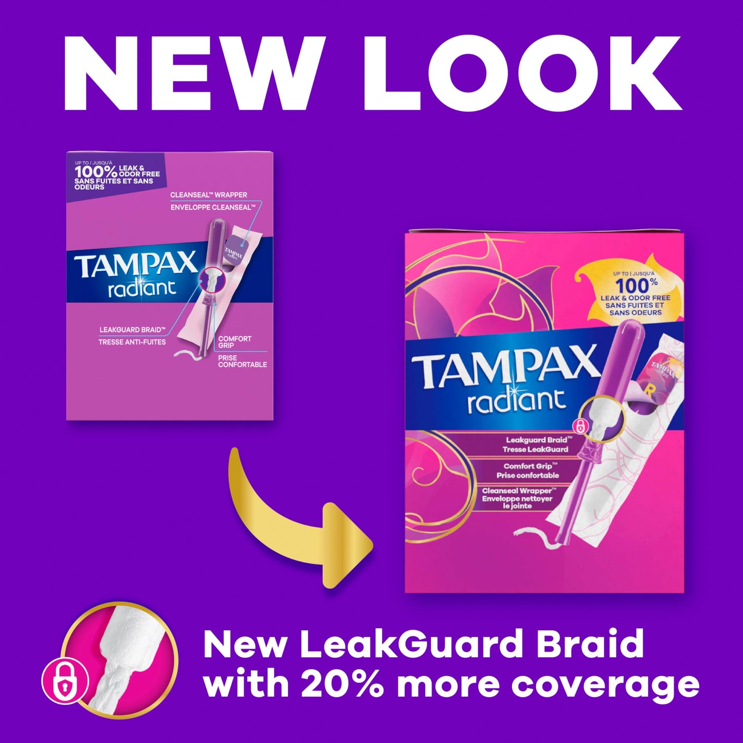 Tampax Radiant Tampons for Women, with LeakGuard Braid, Regular Absorbency, Unscented, 84 Count (3 Packs of 28), Packaging May Vary
