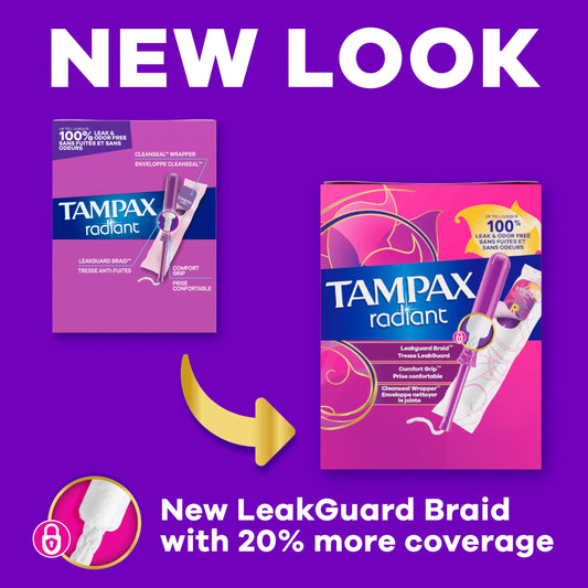 Tampax Radiant Tampons for Women, with LeakGuard Braid, Regular Absorbency, Unscented, 84 Count (3 Packs of 28), Packaging May Vary