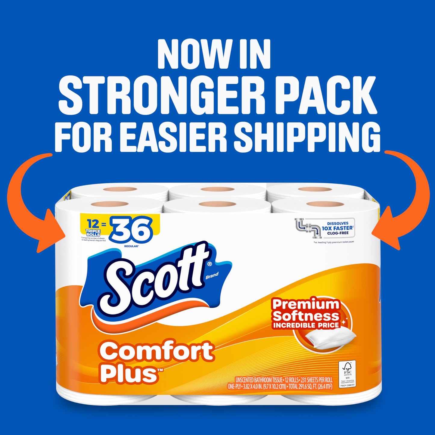 Scott ComfortPlus Toilet Paper, Durable Shipping Pack, 12 Triple Rolls, 231 Sheets per Roll, 1-Ply Toilet Tissue