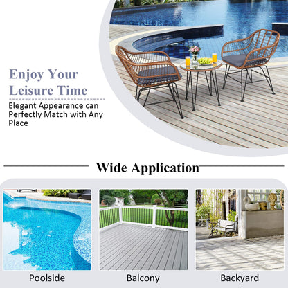 Tangkula 3 Pieces Patio Conversation Bistro Set, Outdoor Wicker Furniture w/Round Tempered Glass Top Table & 2 Rattan Armchairs, Bistro Chat Set w/Seat Cushions for Porch, Backyard, Garden