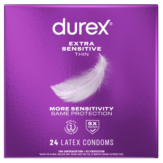 Durex Extra Sensitive Thin Condoms, Lubricated Latex Condoms for Men, 24 Count