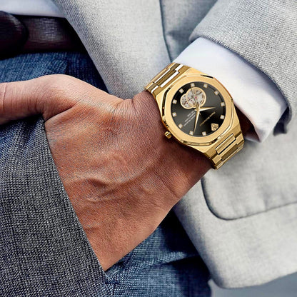 PIERRE RICHARDSON PR5922 Men’s Watch, Black Dial, 24K Pure Gold Plated, Automatic, Sapphire Glass, 41mm, 10ATM
