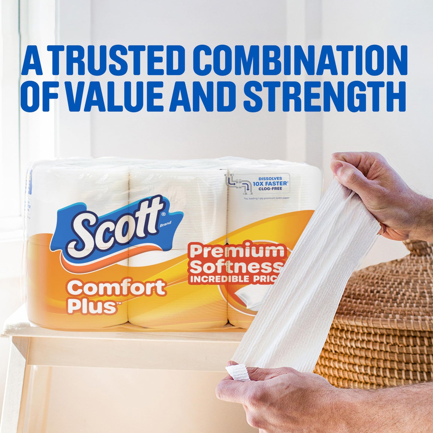 Scott ComfortPlus Toilet Paper, Durable Shipping Pack, 12 Triple Rolls, 231 Sheets per Roll, 1-Ply Toilet Tissue