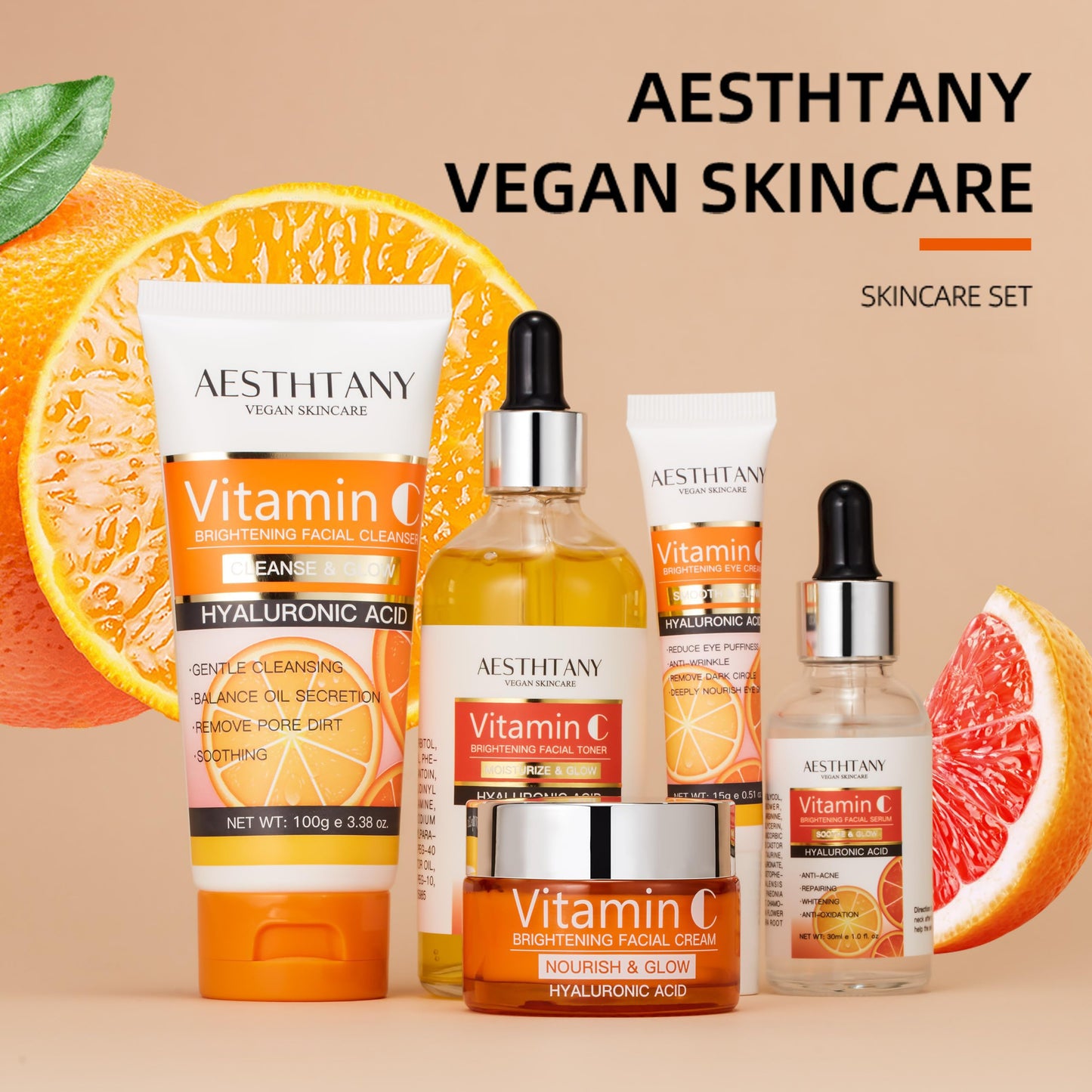 Vitamin C Skin Care Set Moisturizing Hyaluronic Acid Skin Care Kit,Face Cream,Face Serum,Eye Cream, Toner For Hydrating Skin, Anti-Aging Skin,5PCS For Women Beauty Set Gift Set