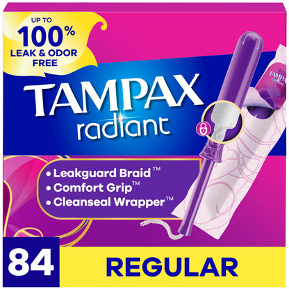 Tampax Radiant Tampons for Women, with LeakGuard Braid, Regular Absorbency, Unscented, 84 Count (3 Packs of 28), Packaging May Vary