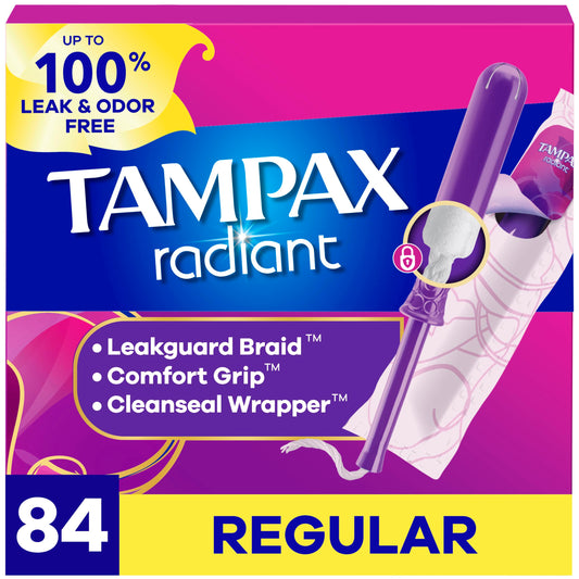 Tampax Radiant Tampons for Women, with LeakGuard Braid, Regular Absorbency, Unscented, 84 Count (3 Packs of 28), Packaging May Vary