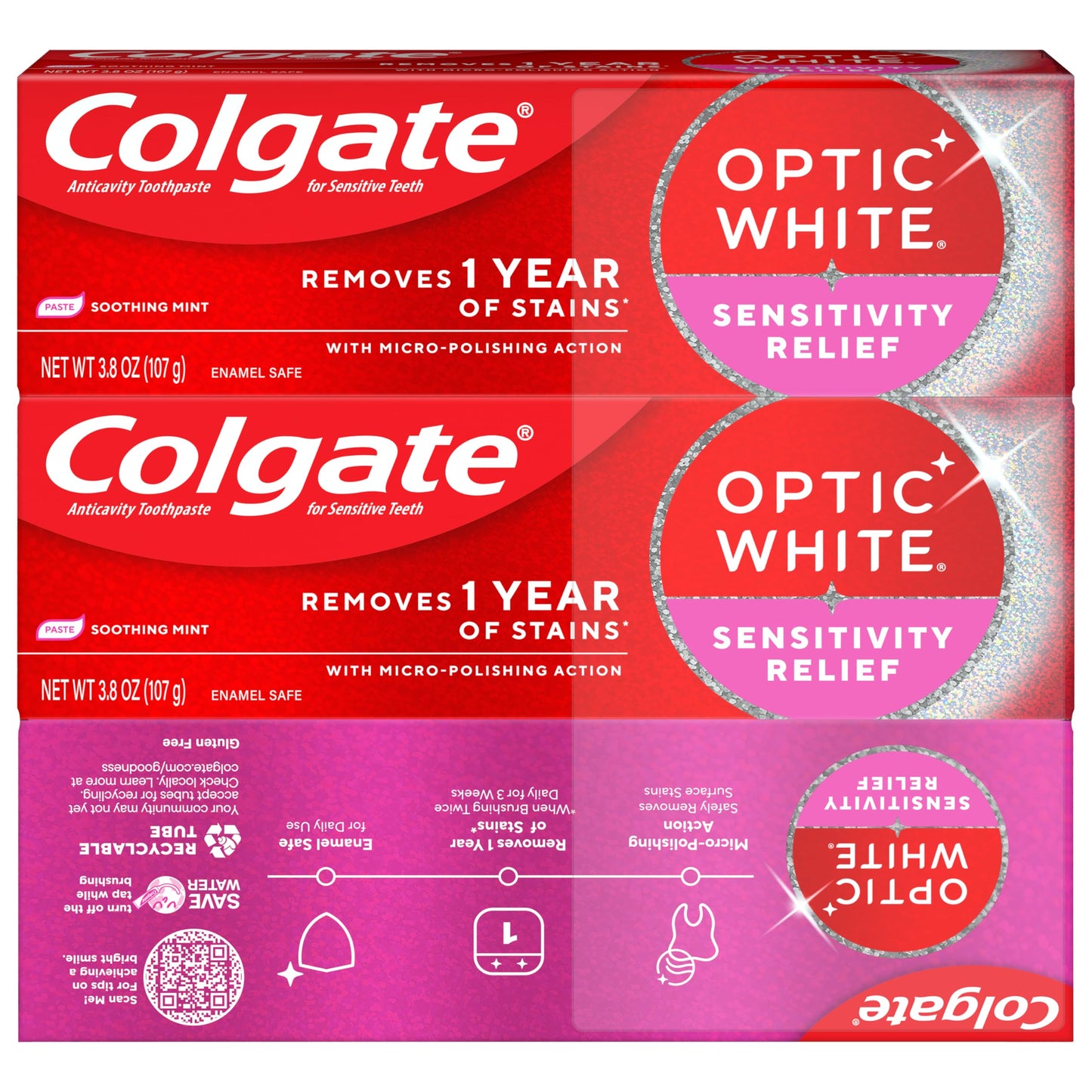 Colgate Optic White Sensitivity Relief Teeth Whitening Toothpaste, 3 Pack, Anticavity Toothpaste for Sensitive Teeth, Fluoride, Enamel Safe, Soothing Mint Flavor, 3.8 OZ