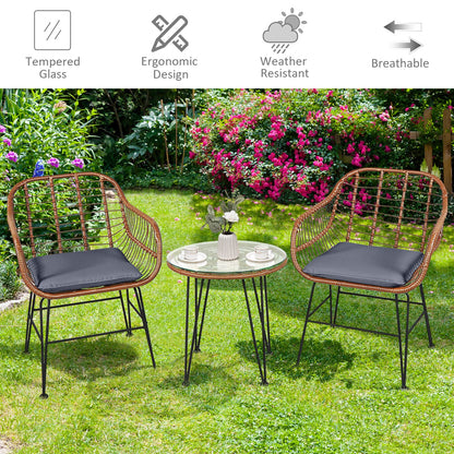 Tangkula 3 Pieces Patio Conversation Bistro Set, Outdoor Wicker Furniture w/Round Tempered Glass Top Table & 2 Rattan Armchairs, Bistro Chat Set w/Seat Cushions for Porch, Backyard, Garden