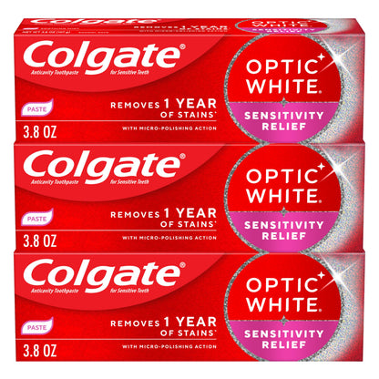 Colgate Optic White Sensitivity Relief Teeth Whitening Toothpaste, 3 Pack, Anticavity Toothpaste for Sensitive Teeth, Fluoride, Enamel Safe, Soothing Mint Flavor, 3.8 OZ