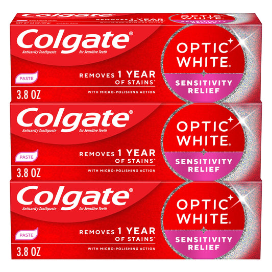 Colgate Optic White Sensitivity Relief Teeth Whitening Toothpaste, 3 Pack, Anticavity Toothpaste for Sensitive Teeth, Fluoride, Enamel Safe, Soothing Mint Flavor, 3.8 OZ